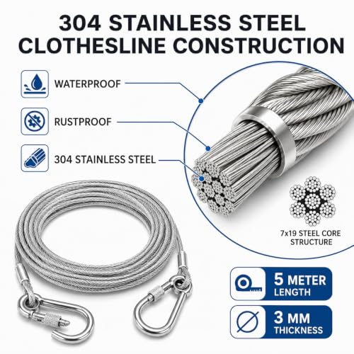 Image of 5 Metre Stainless Steel Clothesline Rope with Carabiner Hooks | Heavy-Duty Rust-Resistant Cloth Drying Wire | Strong Hanging Dori for Balcony, Bathroom, Terrace, Indoor & Outdoor Use