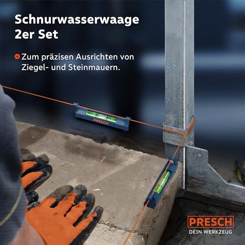 Presch Schnurwasserwaage 2 Stk. - Extrem fester Halt dank Sicherungshaken - Leichtes Design für perfekt ausgerichtete Schnur - Bruchfeste Acrylglaslibelle - 360° ablesbar zum präzisen Ausrichten