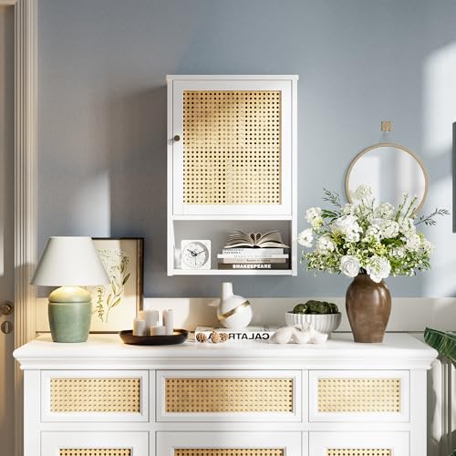 Botiquín de baño para pared, organizador de almacenamiento sobre el inodoro de bambú con puertas de ratán y estante ajustable, gabinete de medicinas ahorrador de espacio para lavandería, cocina y sala de estar (blanco) miniatura 2