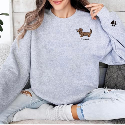 Personalized Embroidered Dachshund Crewneck, Custom Dog Pullover, Personalized Sausage Dog Sweatshirt, Unique Cream Pup Apparel, for Pet Lovers2