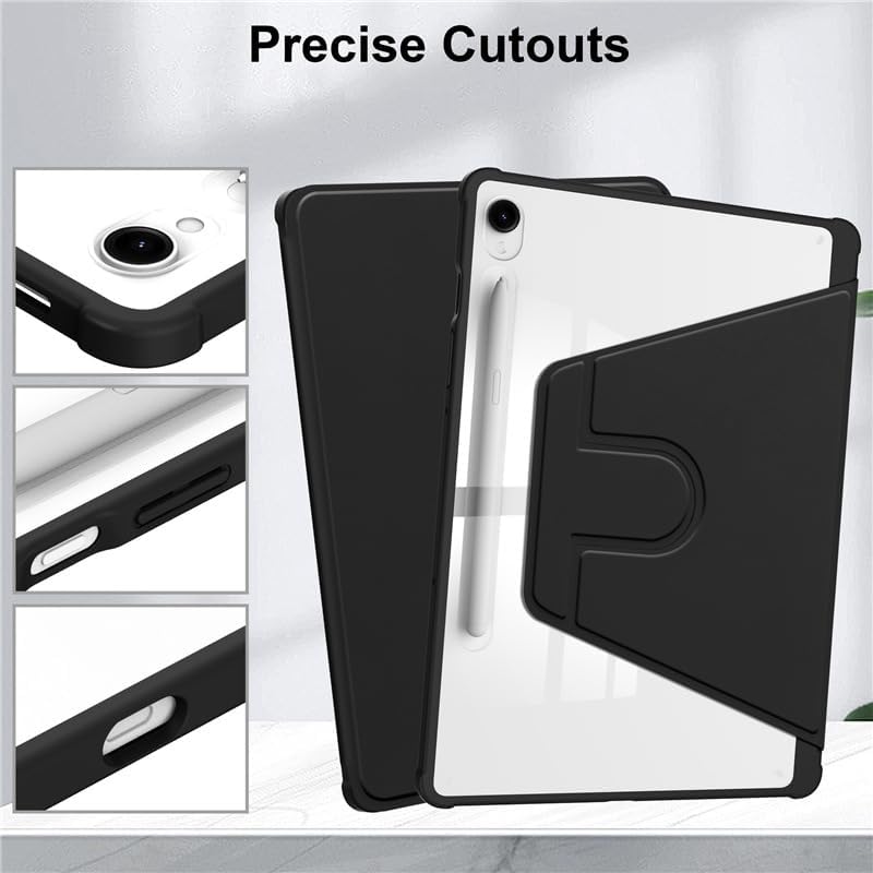 Rotating Case for Samsung Galaxy Tab S7 FE/S8 Plus/S7 Plus 12.4 Inch,360 Degree Rotation Protective Stand Smart Tablet Slim Hard Shell Cover Clear Back,with S Pen Holder Auto Wake/Sleep (Black)