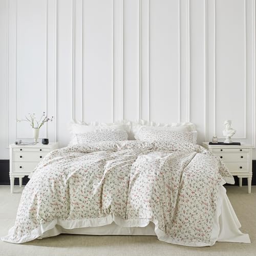 YuHeGuoJi White Ruffle Botanical Duvet Cover King 100% Cotton 3 Pcs Set