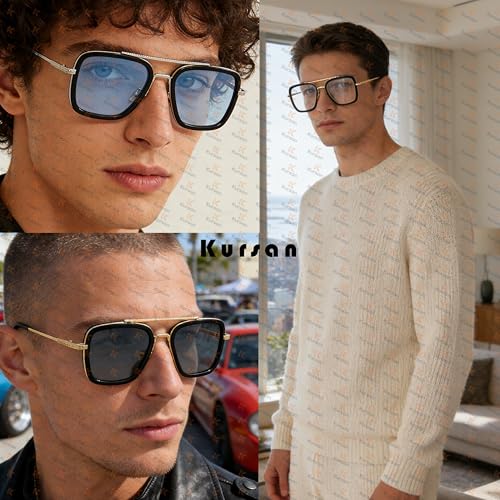 Image of Kursan Polarized Tony Stark Sunglasses for Men Women Vintage Square Metal Frame Iron Man and Spider-Man Eyeglasses