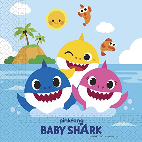 Procos 10232203 92542 - Guardanapos, design do Baby Shark, Fun in the Sun, 33 x 33 cm, 20 unidades, para aniversários, festa temática