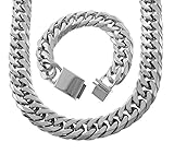 Bling Bling NY Solid Silver Finish Stainless Steel 21mm Thick Miami Cuban Link Chain Necklace And Bracelet Set 36''