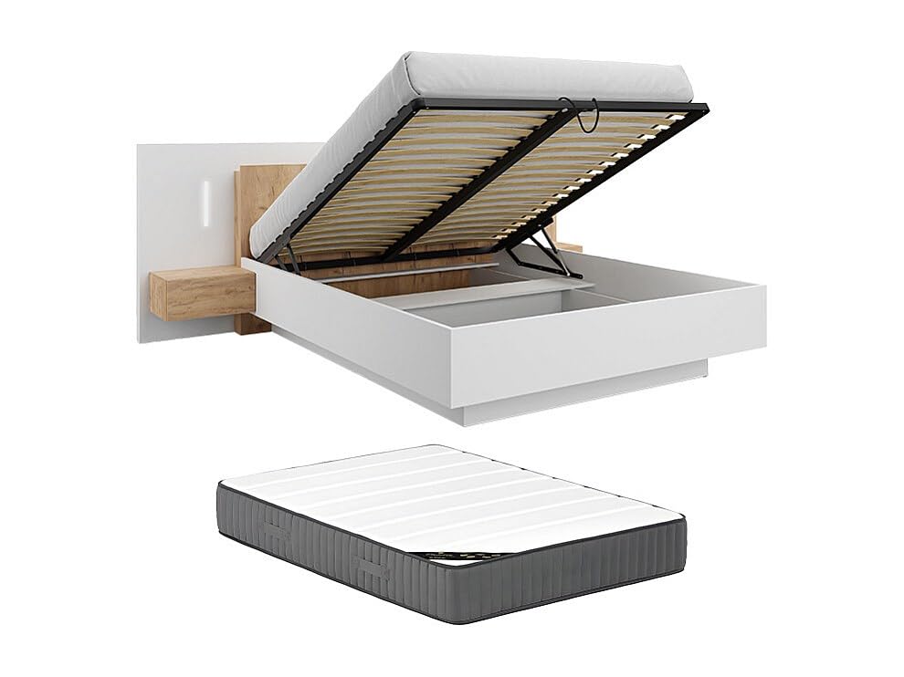 Vente-unique - Cama con canapé abatible 2 plazas Francoli - melamina - Color Natural Claro, Blanco
