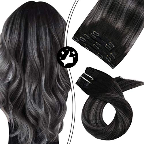 Moresoo Clip in Hair Extensions Human Hair 14 Inch Double Weft Hair Extensions Clip in Hair 5PCS 70G Color 1B Off Black to Silver with 1B Human Hair Clip in Extensions