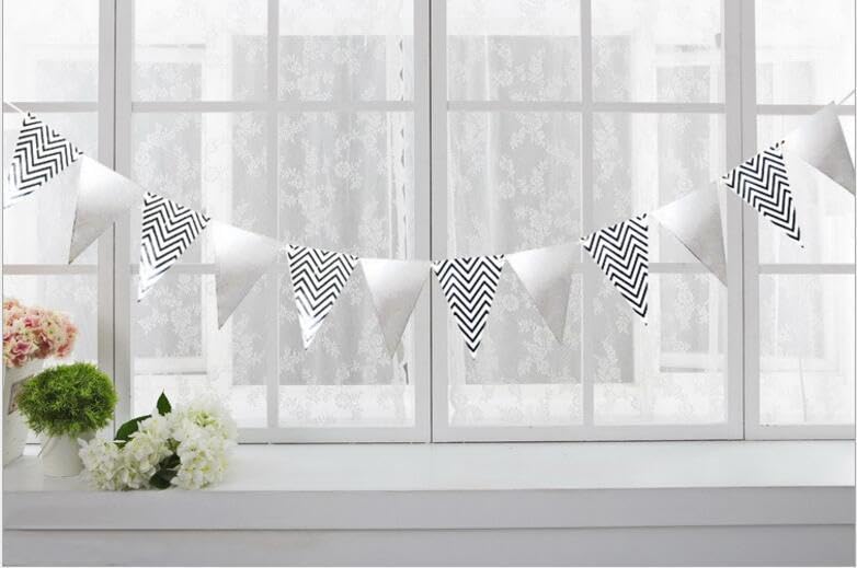 Silver Stripe Pennant Banner Flags String Triangle Hanging Triangle Bunting Flags for Festive, Wedding, Birthday Party Decorations 4Pcs (Silver)