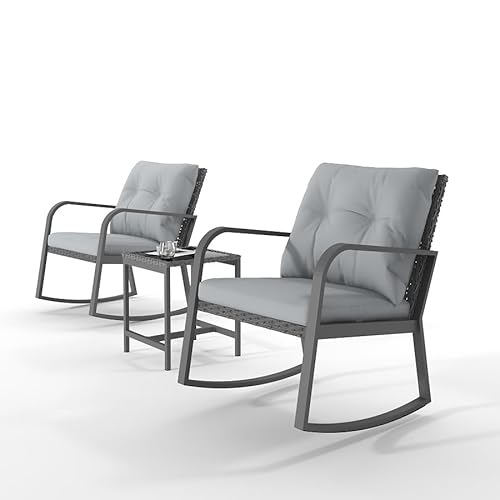 HLNPTN 3 Piece Rocking Bistro Patio Set, Outdoor Rocking Chair, Outdoor Bistro Sets Wicker Patio Furniture Rocking Chairs Sectional Couch with Tempered Glass Top Coffee Table & Cushions, Grey - 3 Pcs Gray