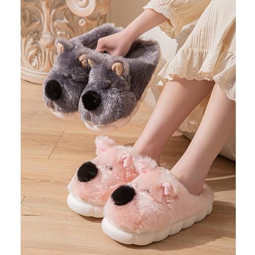 JadeRich Women's Fuzzy Plush Dog Slippers Thick Sole Memory Foam Cartoon Dog Shoes Cushioned Furry Slipper2