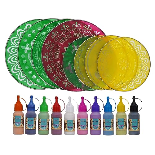 Image of eCraftIndia Set of 8 Designer Diwali Rangoli Stencils Set in 4 Big Size 4 Small Size |10 Rangoli Colours Bottles | Diwali Decoration Item for Home Decor