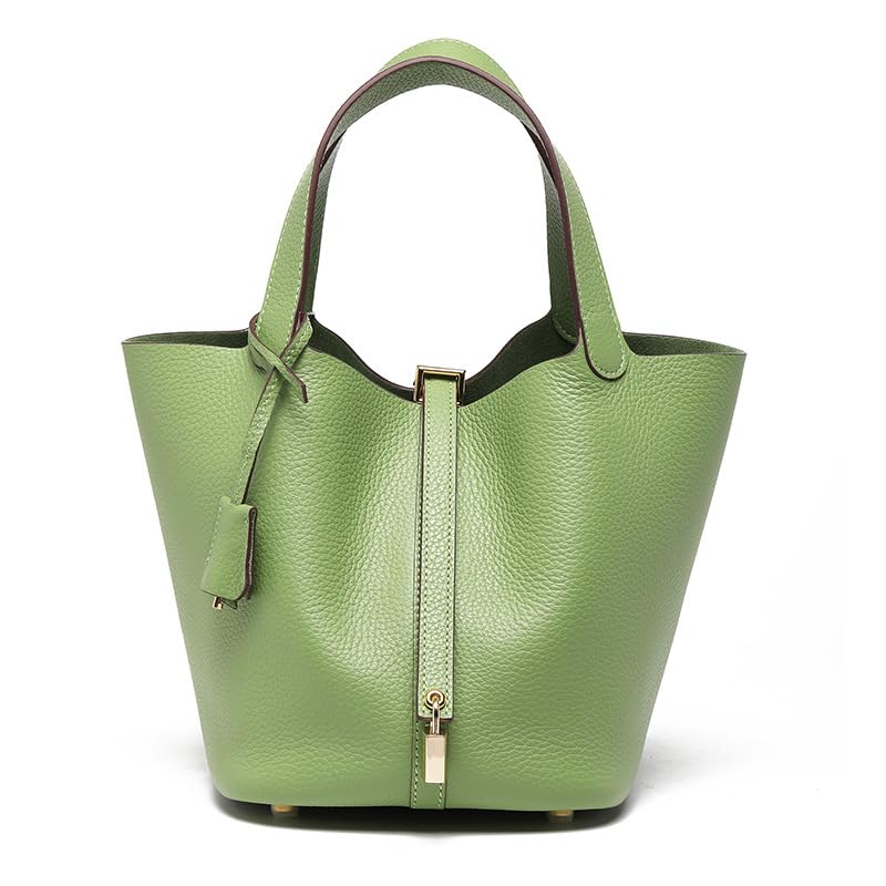 Genuine Leather Lock Design Bucket Bag with Reinforced Stitching, Vegetable Basket Handbag Bags Handbag