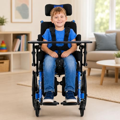 Image of Full Reclining Pediatric Wheelchair - Heavy Duty Folding Kids Wheelchair with Headrest, Meal Tray & Elevating Footrest, Medical Mobility Chair for Home, Travel & Rehabilitation (Blue)
