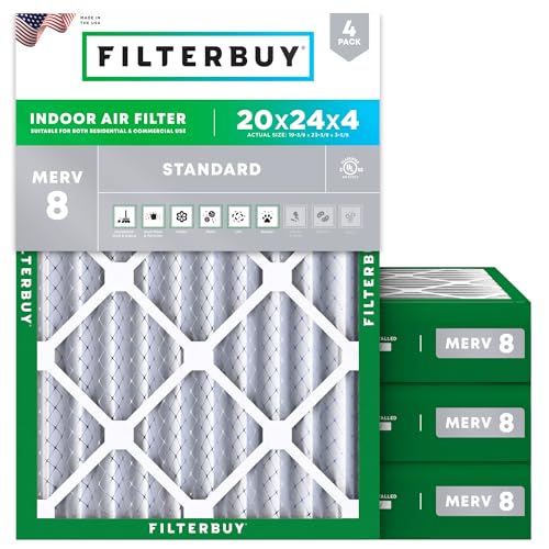 Filterbuy 20x24x4 Air Filter MERV 8 Essential Dust & Allergy Defense (4-Pack) Electrostatic Pleated HVAC AC Furnace Filters Replacement Made in USA (Actual Size: 19.38 x 23.38 x 3.63)
