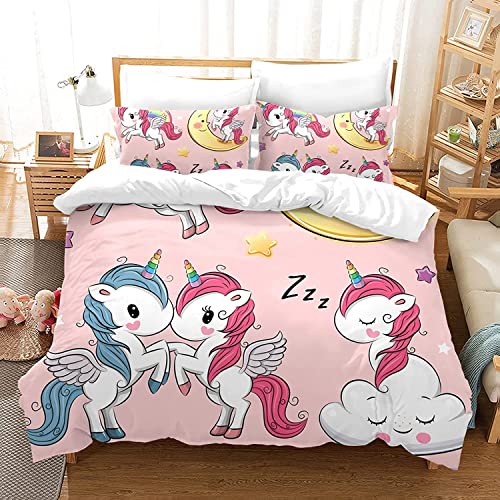 Housse De Couette Licorne Fille, Motif 3D Licorne Housse de Couette,Housse de Couette à imprimé Licorne Dessin animé avec Fermeture éclair, Ensemble de Literie Cadeau Fille (D, 135 x 200 cm) Cover