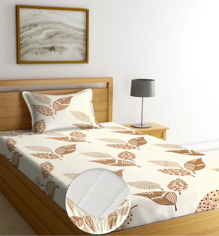 Image of NEW LEAF Pure Cotton All Round Elastic Fitted Floral Bedsheets With 1 Pillow Cover|Single Mattress Bed Breathable|Longlasting|Supersoft Size-36X72+6 inch (Color -Butter),220 Tc,Small Single,Multicolor