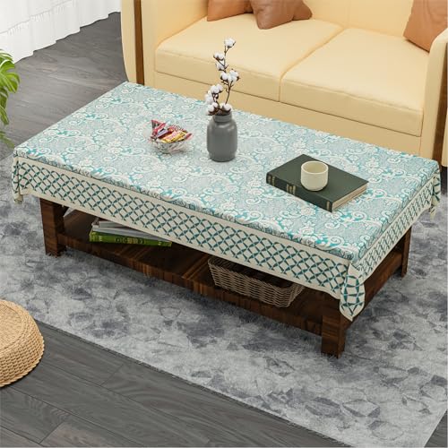 Image of Kuber Industries 40x60 Inch Net Cotton Center Table Cover Cloth | 4 Seater Centre Coffee and Teapoy Cover for Living Room | Aqua Rose 1893 Bright - Cream