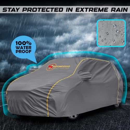 Image of Maruti Alto K10 100% Waterproof Car Cover for All Weather Protection with Mirror Pocket Inner Cotton Layer Triple Stitched Cover with Adjustable Belt Bottom Elastic to Secure Fit -Grey
