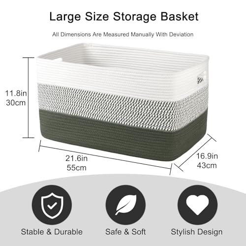 Image of OIAHOMY Large Blanket Basket, 22 inchx17 inchx12 inch Rectangle Woven Baskets, Nursery Blanket Storage Living Room, Toy Storage With Handle, Large Baskets for Organizing-Green /White