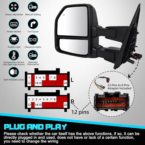 Image of Power Heated Tow Mirrors Compatible with 2015-2020 Ford F-150, Trailer Towing Side Mirrors w /Turn Signal, Spot Auxiliary Light, Puddle Light, 22 to 8 Pin Adapter Included, Can fit Different Interfaces