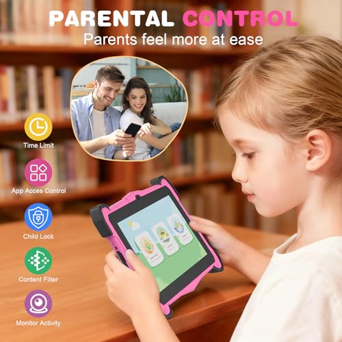 Image of 7 Inch Kids Tablet with Shockproof Case, Android 14 Educational Learning for Toddlers 3-10, 10GB RAM + 64GB ROM, Dual Camera, WiFi, Bluetooth, Parental Controls