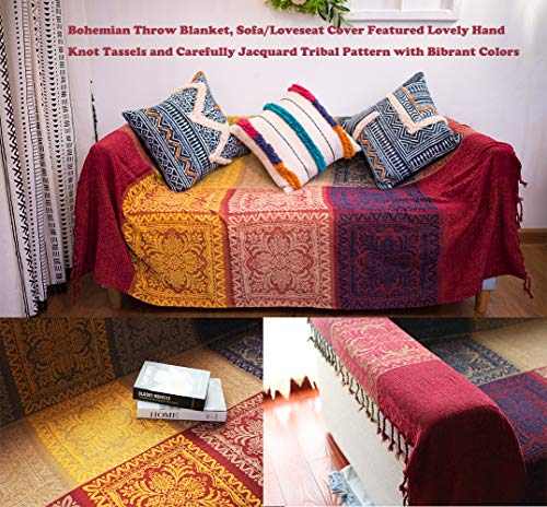 Aivia Boho Throw Blanket, Colorful Chenille Jacquard Bohemian Chair Recliner Furniture Cover Aztec Hippie Throws Loveseat Sofa Blankets (60" X 75", Red Green Navy Yellow) #TOP5