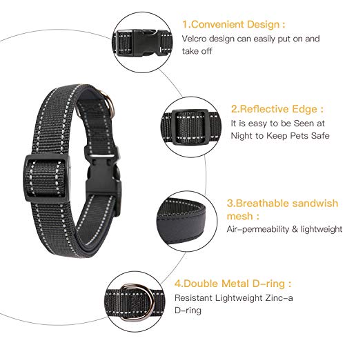 Image of HEELE Dog Collar, Reflective Dog Collar, Soft Neoprene Padded Breathable Nylon Pet Collar Adjustable for Small Dogs, Black, S(10.23-14.96 inch)