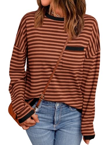 Image of LILLUSORY Womens Striped Soft Knit Pullover Sweater Loose Fit Shirts with Chest Pocket