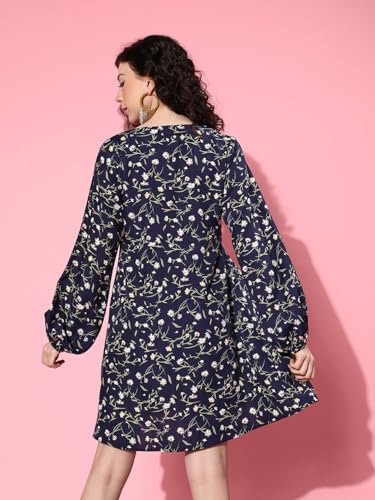 Image of Varanga Navy Blue Floral Printed v-Neck a-line Dress, Flared Hem