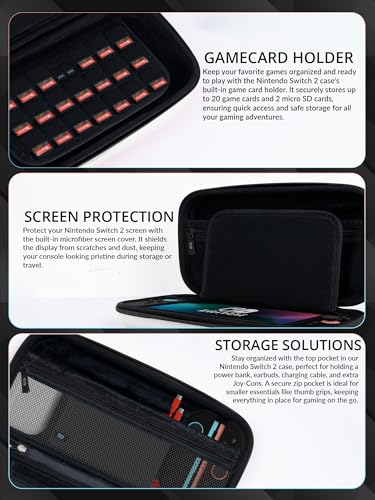 Image of Orzly Case Compatible with Switch 2 - Protective Travel Carry Case with Screen Padding, Game Card & microSD Slots, Zipped & Open Pockets for Accessories - 7.9 inch Gift Boxed