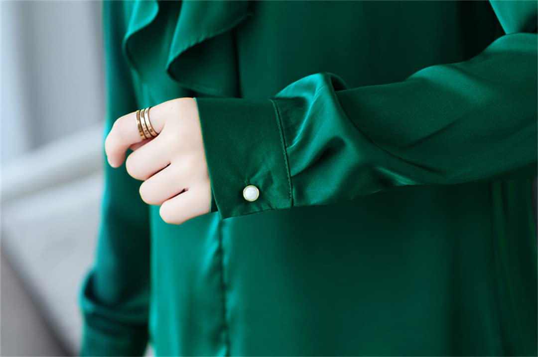 Blusas de satén de Manga Larga con Cuello en V para Mujer con Volantes de Lazo, Blusas de Seda Informales Sueltas, Camisas de Trabajo y Oficina