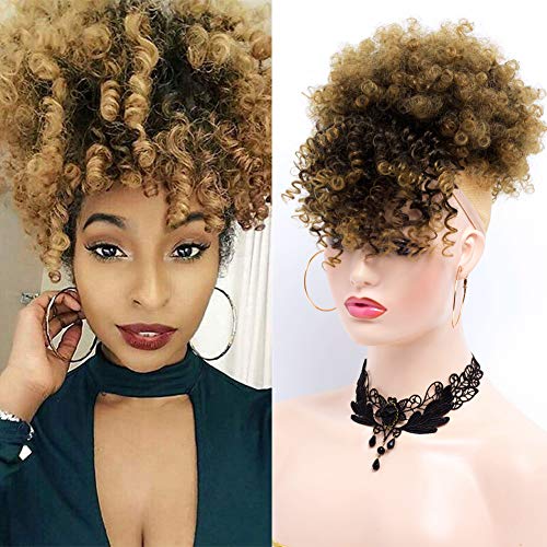 Synthetic Afro Puff Drawstring Ponytail With Bangs Short Kinky Curly Hair Bun Extension Donut Chignon Pineapple Hairpieces Wig Updo Hair Extensions with Two Clips (1B-27)