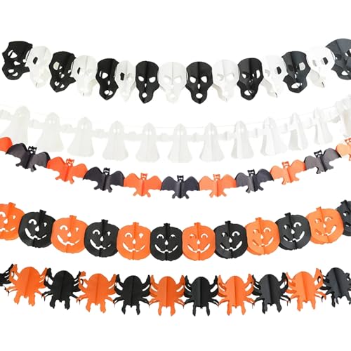 5Pack Halloween Paper Chains halloween Garland Pumpkin Garland Halloween Bunting Banner Pumpkin Bat Spiders Ghost Skeleton Design Hanging Decoration Props for halloweens Party Decorations