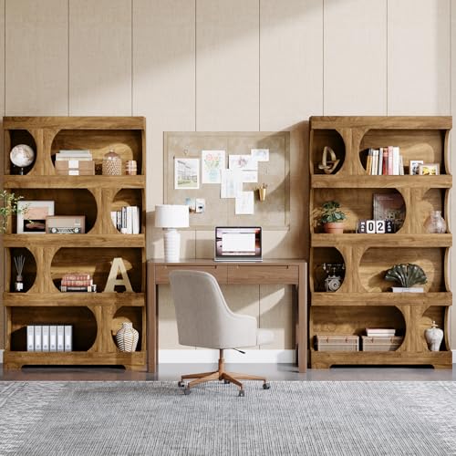 Image of Tribesigns 71 inch Tall Bookcase Set of 2, 4-Tier S-Shaped Bookshelf, Wood Decorative Storage Shelving, Modern Freestanding Display Shelves, Large Library Bookshelf Unit for Home Office Living Room, Brown