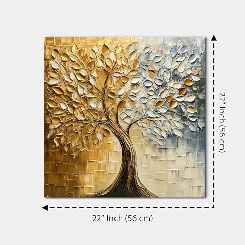 Image of PAINTINGMANTRA Abstract Tree Canvas Stretched Canvas Painting for Living Room | Modern Nature Artwork Wall Decor Art For Livingroom, Bedroom, Office, Hallways - 22x22 Inch