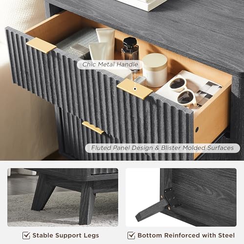 Image of T4TREAM Fluted 3 Drawer Dresser, 32 inch Tall Modern Chest of Drawers, Curved Profile Design, Wood Drawer Organizer for Bedroom, Living Room, Hallway, Entryway, Dark Alder