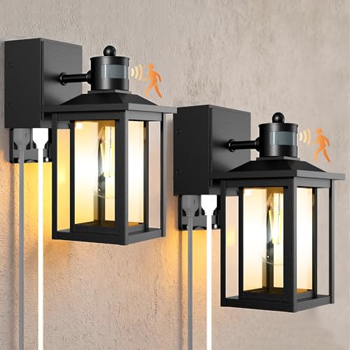 LTBLIGHT 2-Pack Motion Sensor Outdoor Lights with GFCI Outlet Built-in, Exterior Porch Lights Wall Mount with 3 Modes, Anti-Rust Outside Lanterns for Home, Entry, Backyard, Patio, 120V