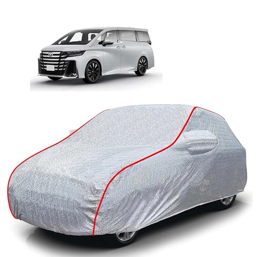 Image of Sulfar 100% Waterproof Car Body Cover Compatible with Mirror for Toyota Vellfire (Triple Stitched, Full Bottom Elastic, Magic Silver with Red Piping)