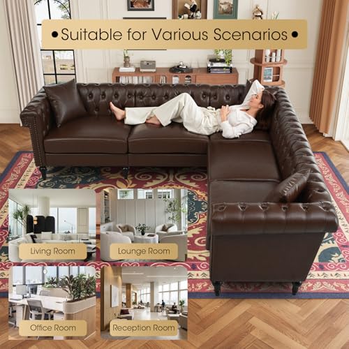 Image of 99.4 Inch 5 Seat L Shaped Couch Faux Leather Sectional Couch with Three Pillows Chesterfield L Shaped Sofa PU Leather Sectional Couches for Living Room Brown