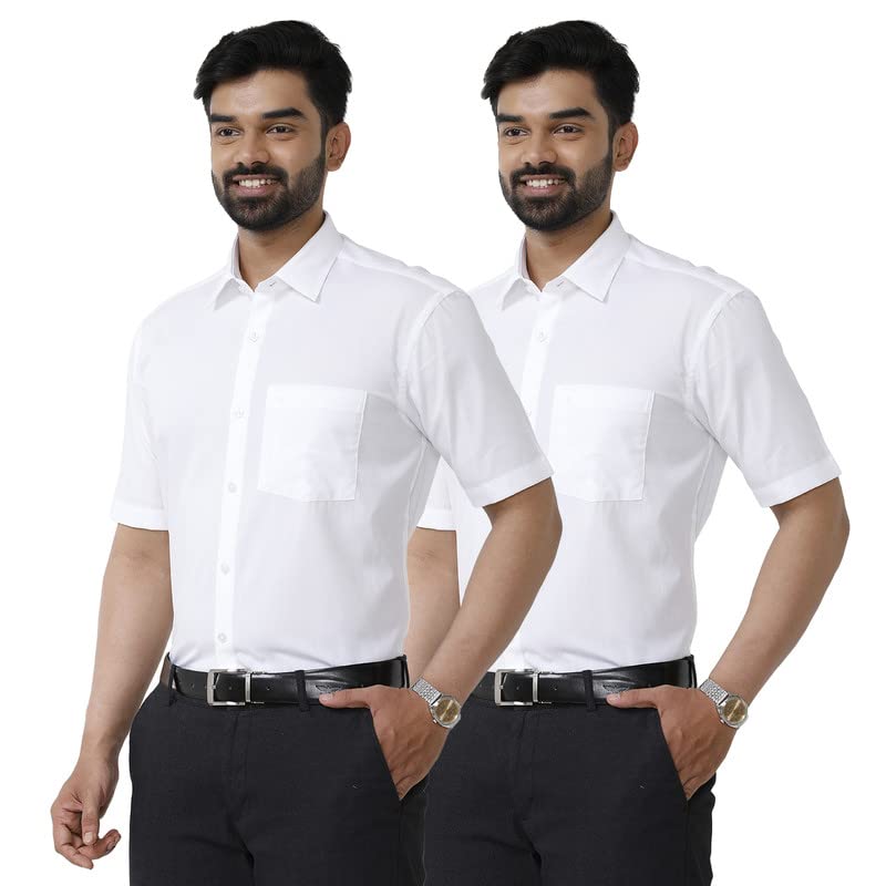 Image of UATHAYAM Double Treat Cotton Half Sleeve Solid Trending White Formal Shirt for Men Pack of 2