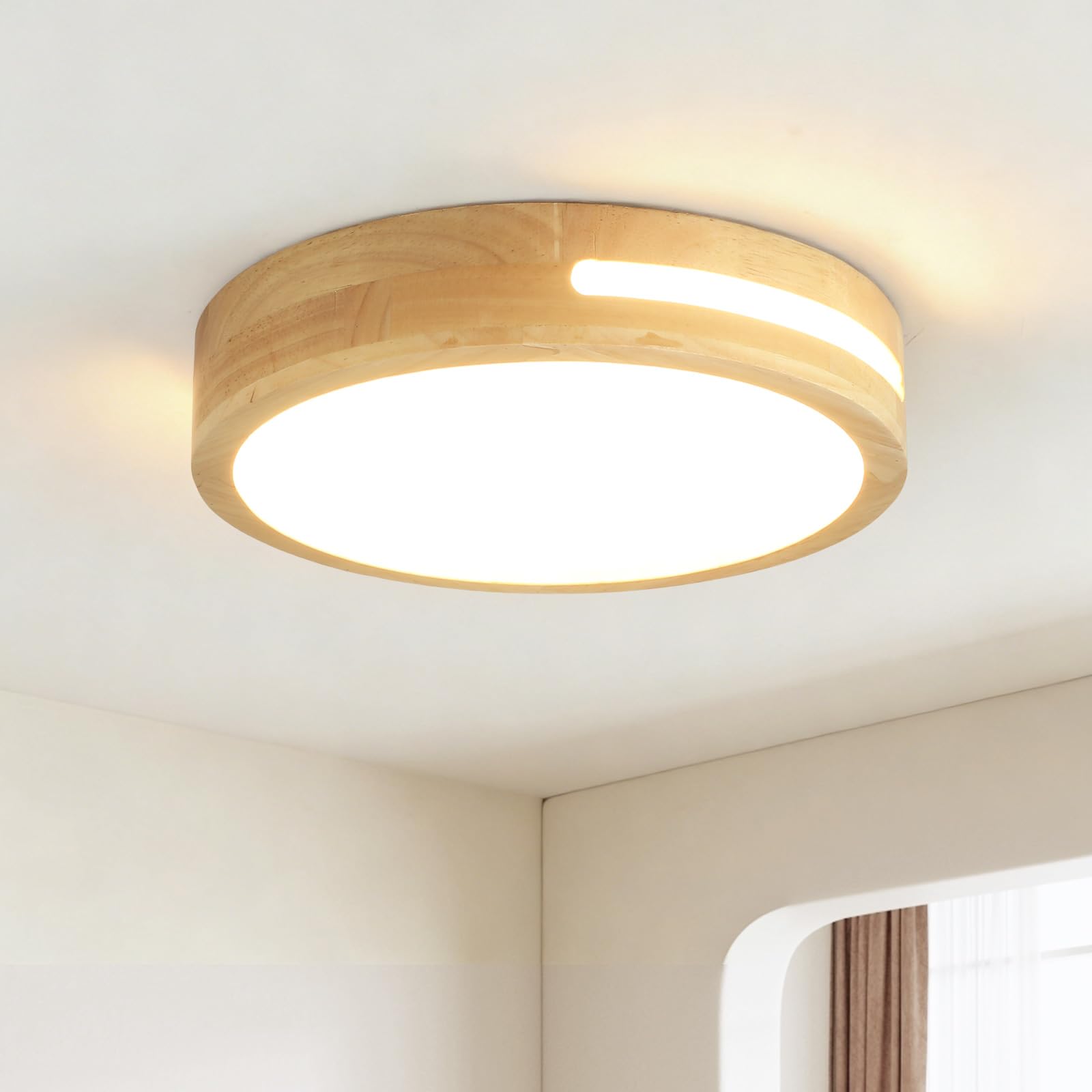 Veyera LED Ceiling Light, 30W Round Wooden Flush Mount Ceiling Light