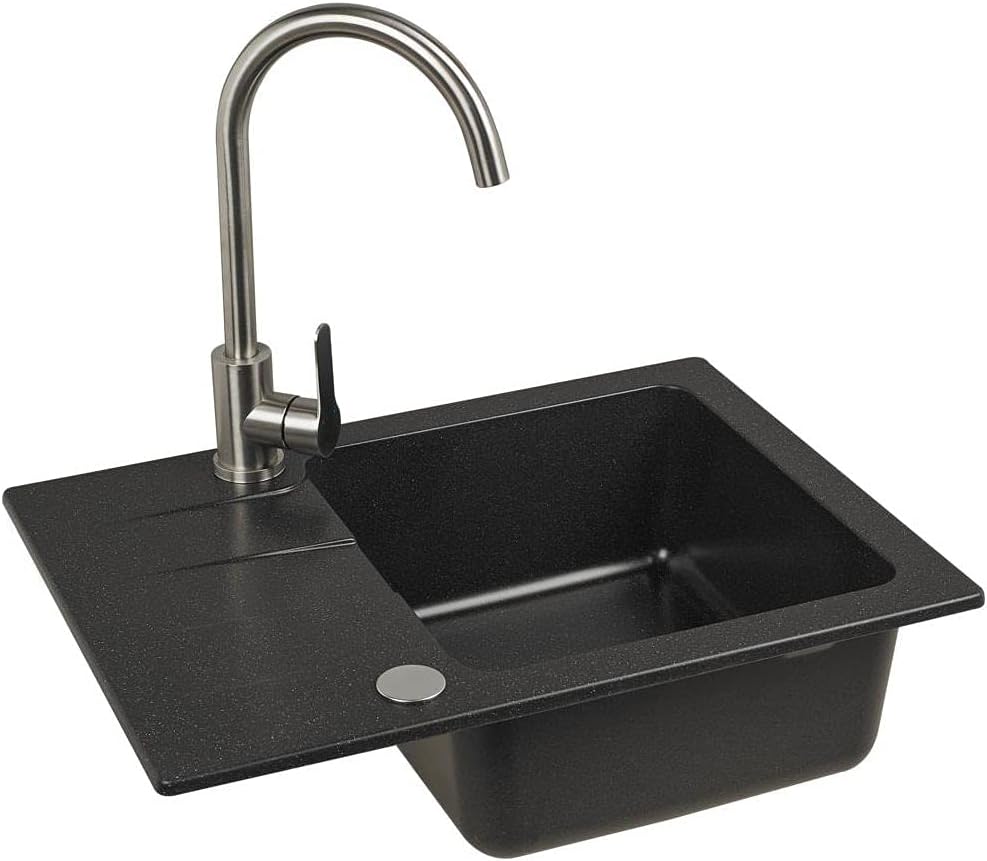 VBChome Spoelbak met kraan zwart 60 x 44 cm enkele inbouwspoelbak gespikkeld omkeerbaar composietspoelbak sifon wastafel armatuur chroom VBChome Spoelbak met kraan zwart 60 x 44 cm enkele inbouwspoelbak gespikkeld omkeerbaar composietspoelbak sifon wastafel armatuur chroom