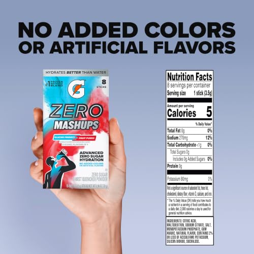 Image of Gatorade Zero Sugar Electrolyte Powder Drink Mix, Mashups Glacier Freeze-Fruit Punch, (32 Servings), No Artificial Flavors, No Added Colors, Zero Sugar, Sports Drinks, Hydration, Electrolyte Drink