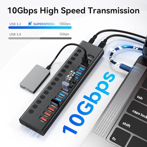 Image of VANGREE Powered USB Hub 10Gbps, 17 Ports USB 3.2 Hub, 96W Power Adapter