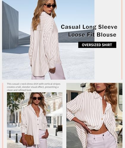 Deer Lady Womens Striped Button Down Shirts Long Sleeve Oversized Loose Fit Casual Work Blouse Tops with Pocket3