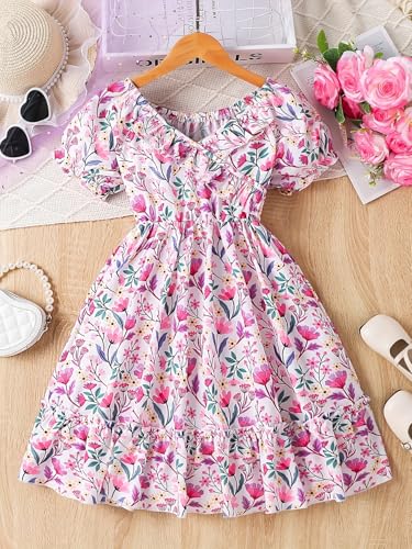 Image of Girl's Rayon Fabric V Neck Short Sleeve Flower Printed Knee-Length Dress for Summer Picnics & Daily Outings
