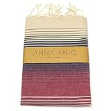 ANNA ANIQ Hamamtuch Fouta Sauna-Tuch Strand-Tuch XXL Extra Groß 100x200 cm - 100% Baumwolle, orientalisches Bade-Tuch, Picknick-Decke, Yoga, Schal, Pestemal, Strand-Handtuch (Dunkelblau-Bordeaux)