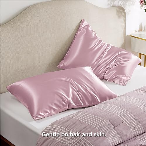 Image of Bedsure Satin Pillowcase for Hair - Pink Satin Pillow Cases Standard Size with Zipper 2 Pack, Similar to Silk Pillow Cases for Skin, Silky & Soft Pillow Cover, Gifts for Her or Him, 20x26 Inches