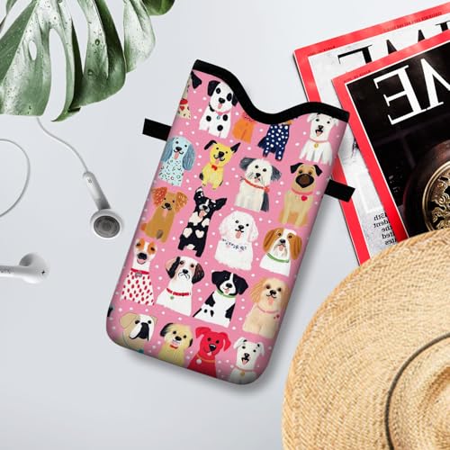 Image of Neoprene Cell Phone Sleeve Pouch Case Bag with Crossbody Strap Neck Lanyard for Women 7.1 X 3.9 in Pink Dog