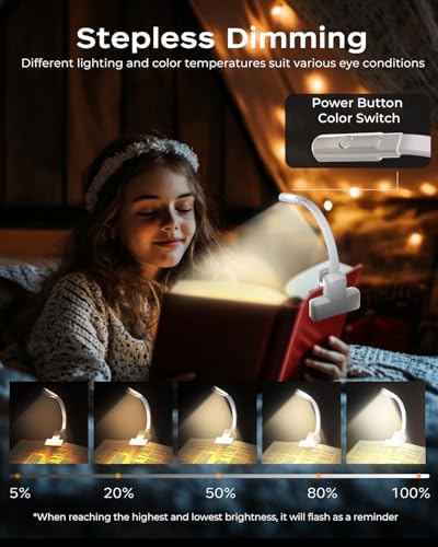 Image of Book Lights,Reading Light with Replaceable USB Rechargeable Battery,3 Color & Stepless Dimming Book Light for Reading at Night,Lightweight and Ideal for Long Trips and Camping (White)
